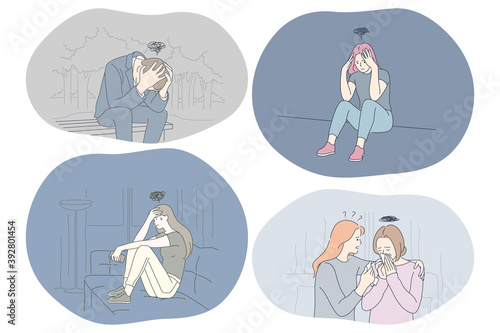 Sadness, stress, loneliness, mental depression, bad news, grief concept. Young unhappy sad people getting support of friends and feeling depressed with thoughts after negative events and breaking up