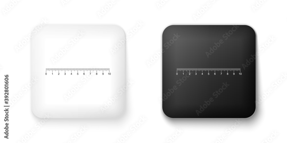 Black and white Measuring scale, markup for rulers icon isolated on white background. Size indicators. Different unit distances. Square button. Vector. Black and white Measuring scale, markup for rulers icon isolated on white background. Size indicators. Different unit distances. Square button. Vector.