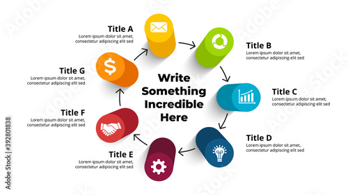 3D Vector Perspective Infographic. Presentation slide template. 7 step options with arrows. Circle diagram concept. Colorful creative info graphic design.