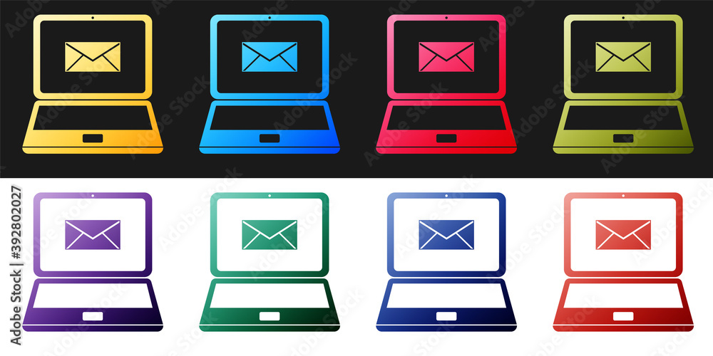 Set Laptop with envelope and open email on screen icon isolated on black and white background. Email marketing, internet advertising concepts. Vector. Set Laptop with envelope and open email on screen icon isolated on black and white background. Email marketing, internet advertising concepts. Vector.