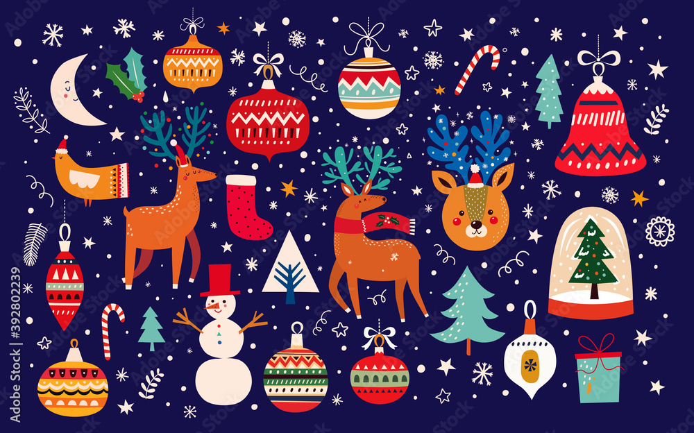 Naklejka premium Christmas decorative collection with funny Santa Claus, Christmas toys, Christmas tree and holiday elements. Christmas greeting card 
