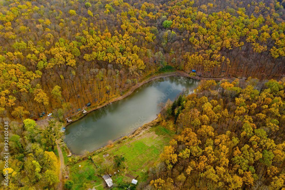 Aerial view of small lake in the forest.