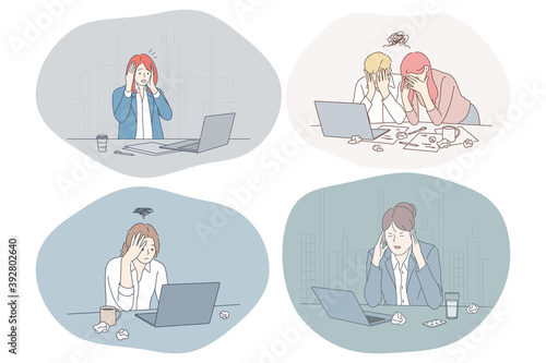 Stress, overwork, exhaustion, depression, overload concept. Unhappy depressed young people office workers sitting in office with laptops and many tasks and feeling stressed and tired illustration 