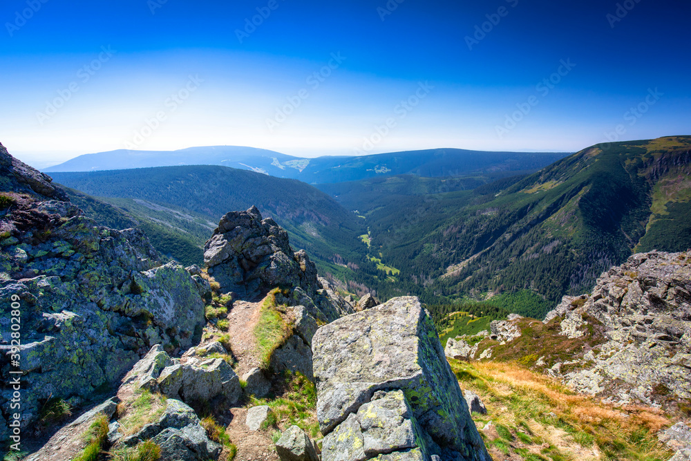 Mountain trail to the Sniezka peak in Karkonosze Mountains, Poland Mountain trail to the Sniezka peak in Karkonosze Mountains, Poland