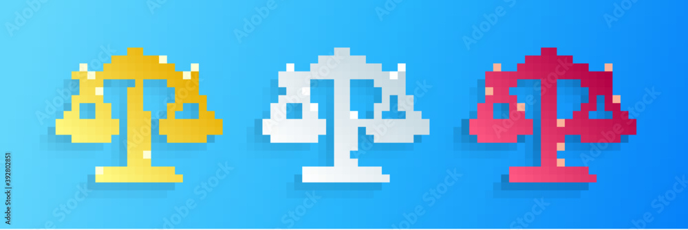 Obraz premium Paper cut Scales of justice icon isolated on blue background. Court of law symbol. Balance scale sign. Paper art style. Vector.
