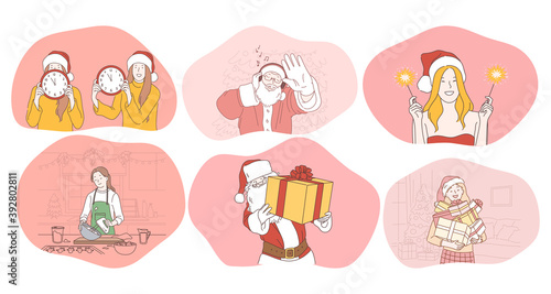 Christmas present, gift, Santa, celebration of New Year and winter holidays concept. Smiling people preparing for New Year, burning sparklers, celebrating, cooking festive dinner, getting gifts 