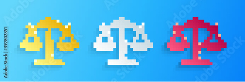 Paper cut Scales of justice icon isolated on blue background. Court of law symbol. Balance scale sign. Paper art style. Vector.