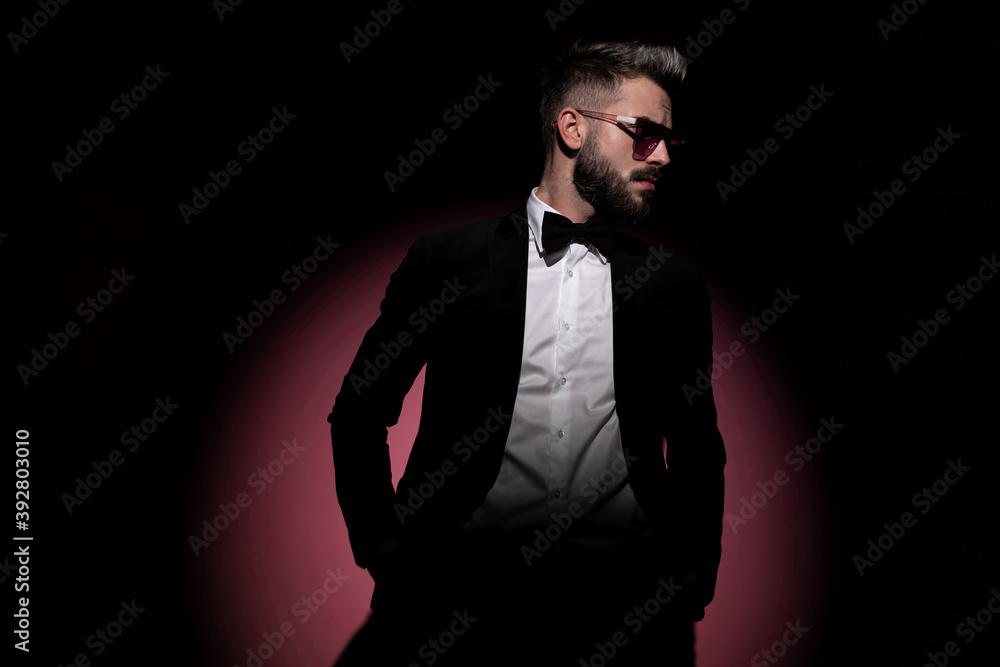 Fototapeta premium handsome businessman wearing sunglasses and a nice tuxedo