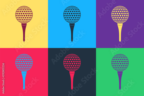 Pop art Golf ball on tee icon isolated on color background. Vector.
