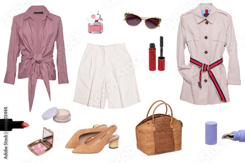 Collage woman clothes. Set of luxurious and stylish elegant female trendy bright trench coat, a blouse or shirt, a handbag, a short pants, shoes and other accessories isolated on a white background. L