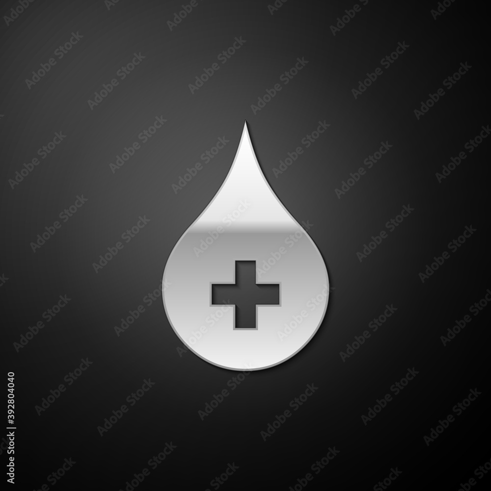 Silver Blood drop icon isolated on black background. Donate drop blood with cross sign. Donor concept. Long shadow style. Vector. Silver Blood drop icon isolated on black background. Donate drop blood with cross sign. Donor concept. Long shadow style. Vector.