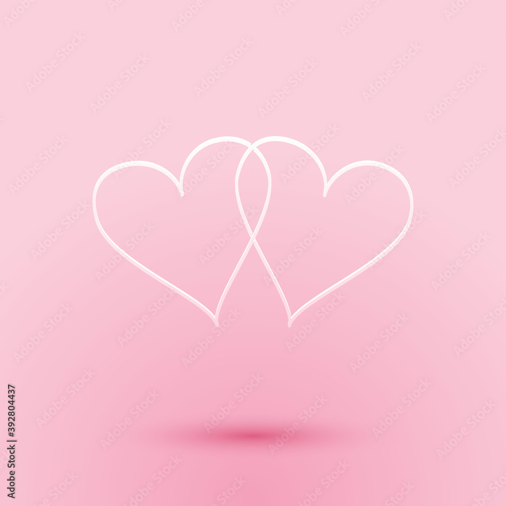 Paper cut Two Linked Hearts icon isolated on pink background. Heart two love. Romantic symbol linked, join, passion and wedding. Valentine day symbol. Paper art style. Vector.