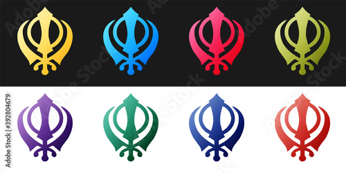 Set Sikhism religion Khanda symbol icon isolated on black and white background. Khanda Sikh symbol. Vector.