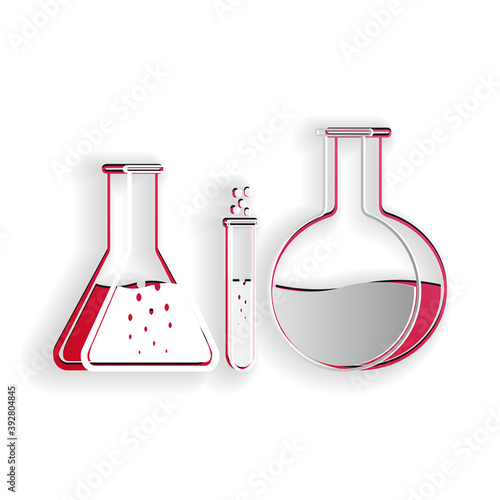 Paper cut Test tube and flask - chemical laboratory test icon isolated on white background. Laboratory glassware sign. Paper art style. Vector.