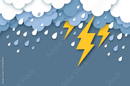 Rain Clouds and Lightening Bolt. Paper cut weather. Storm time. Rain drops and thunder.