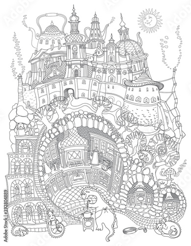 Vector contour thin line illustration. Fairy tale underground Dragon beast family street food cafe in the old medieval cave Kitchen. Black and white sketch. Adults coloring book page, tee shirt print