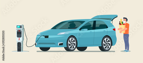 Man with face mask holding grocery bags next to the trunk of the electric car.  Vector flat style illustration.