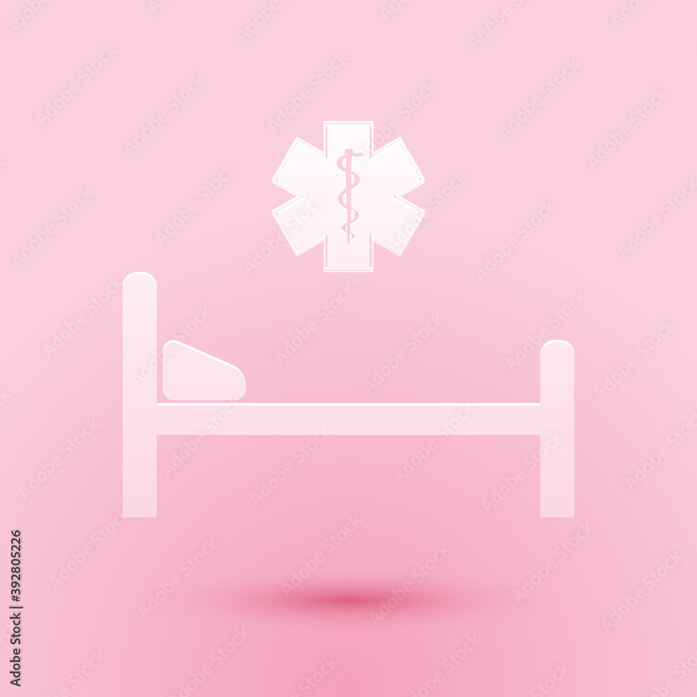 Paper cut Hospital Bed with Medical symbol of the Emergency - Star of Life icon isolated on pink background. Flat design. Paper art style. Vector. Paper cut Hospital Bed with Medical symbol of the Emergency - Star of Life icon isolated on pink background. Flat design. Paper art style. Vector.