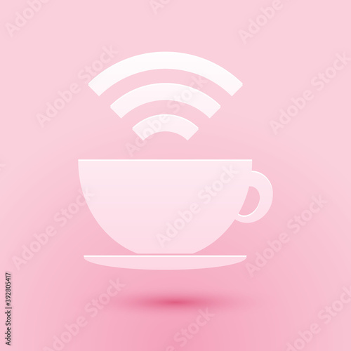 Paper cut Cup of coffee shop with free wifi zone icon isolated on pink background. Internet connection placard. Paper art style. Vector.