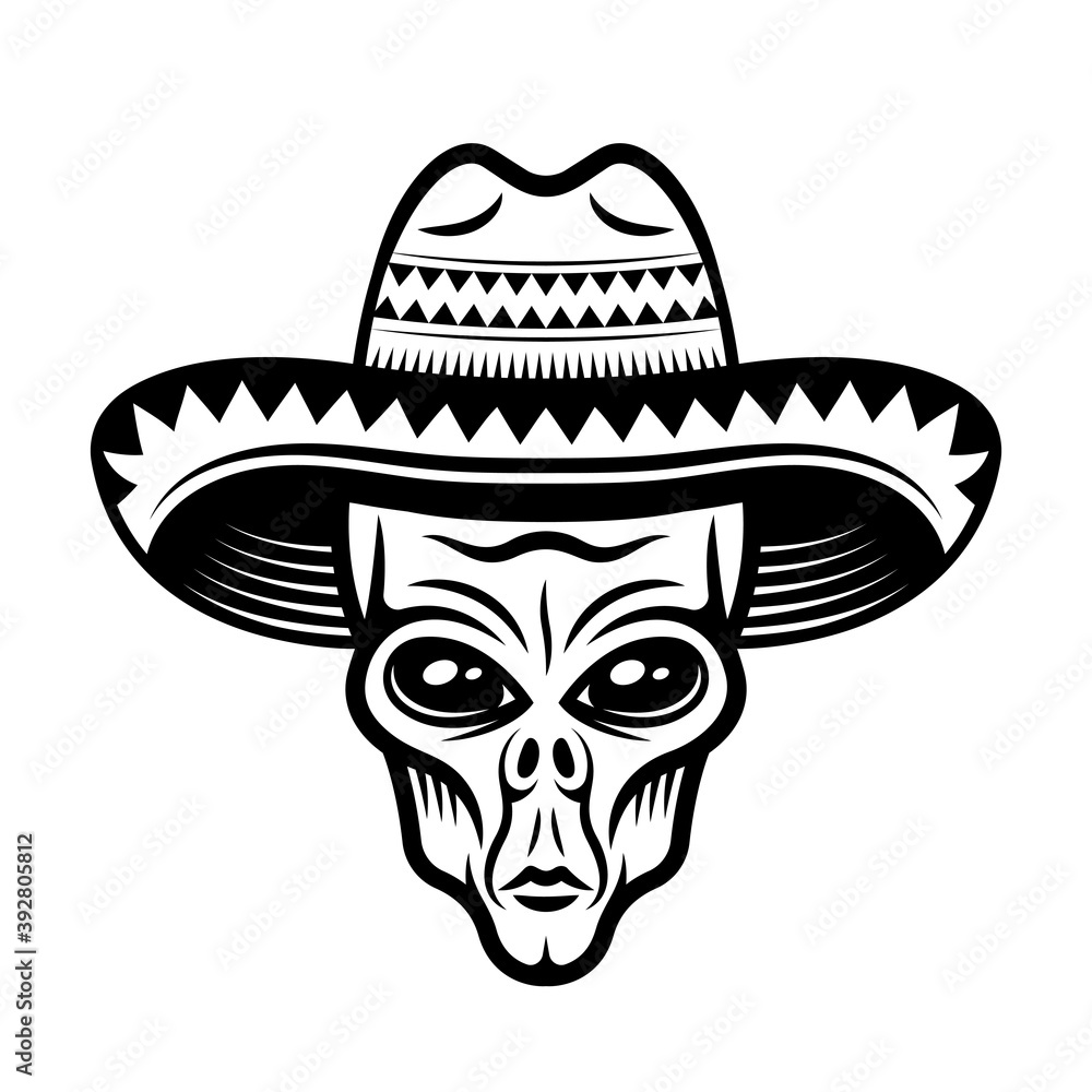 Alien head in sombrero hat vector illustration Alien head in sombrero hat vector illustration