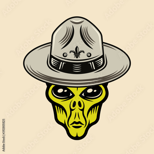 Alien head in boy scout hat colorful vector object