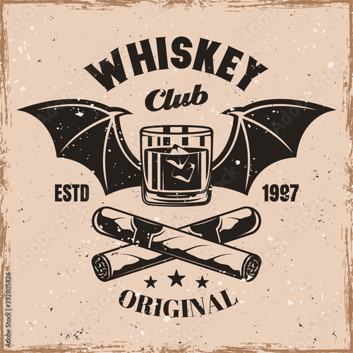 Whiskey glass with wings and cigars vector emblem