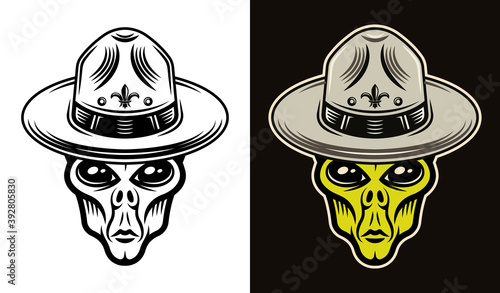Alien head in boy scout hat two styles vector