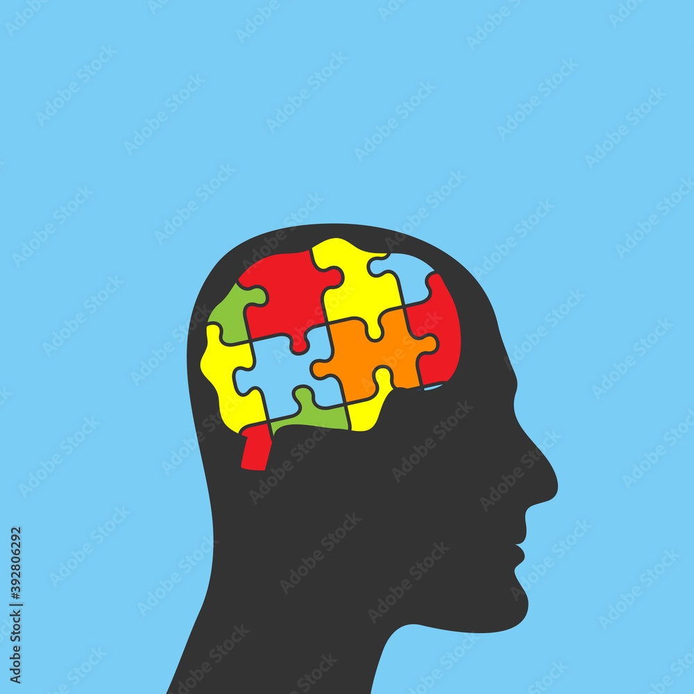 Silhouette of head man with puzzle pieces in the brain. Education, knowledge, psychology, memory, logic concept. Mental and brain illness. Isolated on blue background. Vector flat illustration. Silhouette of head man with puzzle pieces in the brain. Education, knowledge, psychology, memory, logic concept. Mental and brain illness. Isolated on blue background. Vector flat illustration.