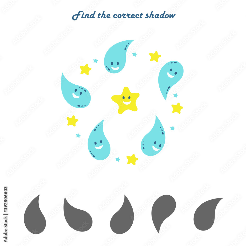 Find the right shadow-an educational game for children. A set of fun sea drops . Vector illustration Find the right shadow-an educational game for children. A set of fun sea drops . Vector illustration