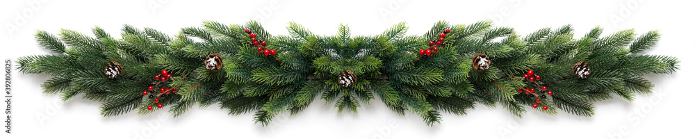 Christmas garland with red berries and cones - obrazy, fototapety, plakaty 