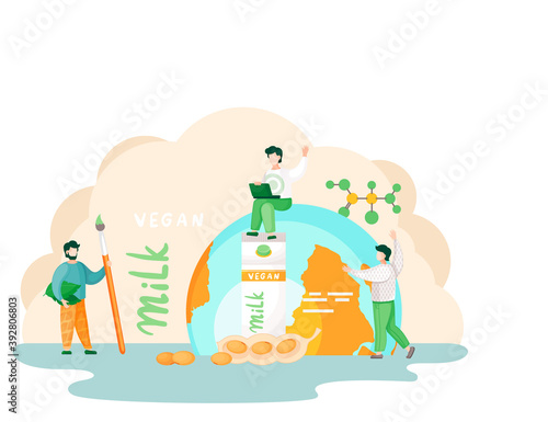 Plant-based vegan nutty milk. Healthy cow alternative to lactose milk. Cartoon illustration of small people near big milk box and nuts. Banner with milk in cardboard box with inscription and peanut