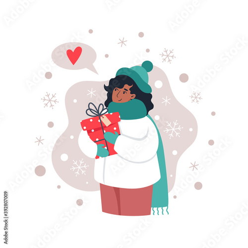 Woman holding a gift and catches snowflakes with her hand. Vector illustration