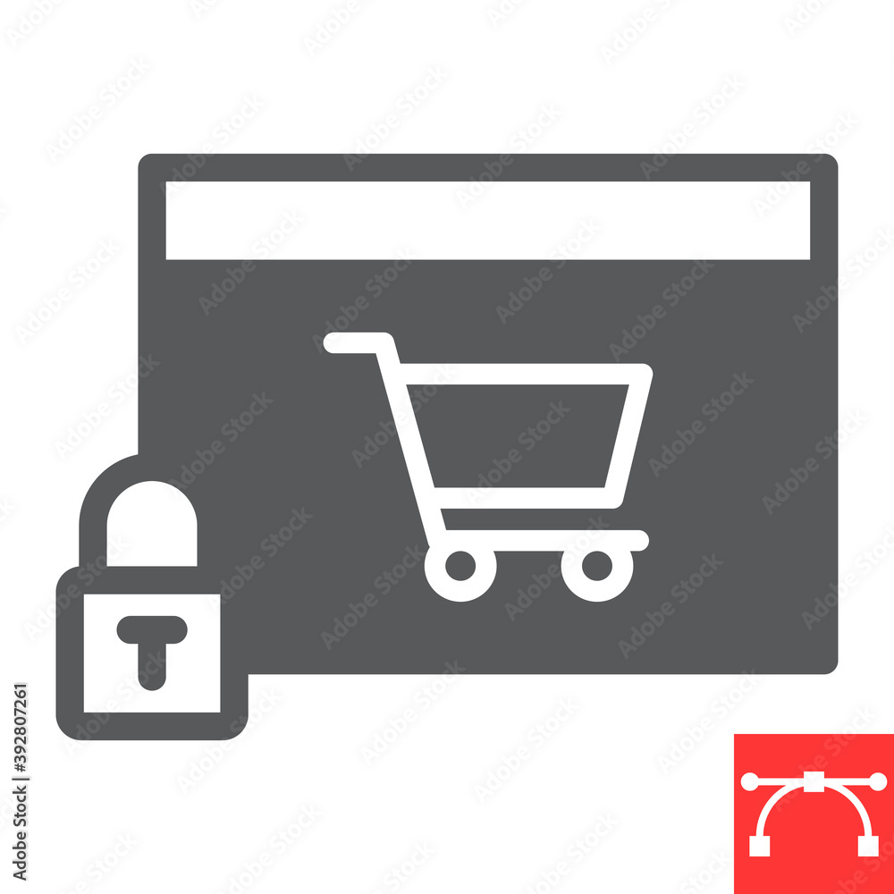 Safe online shopping glyph icon, security and browser, shopping cart sign vector graphics, editable stroke solid icon, eps 10. Safe online shopping glyph icon, security and browser, shopping cart sign vector graphics, editable stroke solid icon, eps 10.