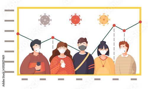 Covid-19 or coronavirus spread of infection concept with diverse people wearing a surgical face masks and respirators. Image of students in quarantine saving from illness and virus change graph