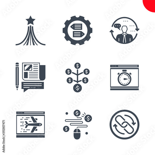 SEO Related Vector Glyph Icons Set. Pay per click, press relise, return on investment, landing page, backlinks, perfomance, consulting, strategy for victory, seo tag optimization. 