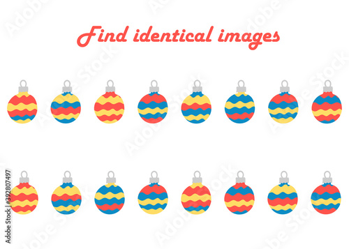 Find two identical Christmas decorations. Educational game for children. Set of simple Christmas toys . Hand drawn Preschool educational game.