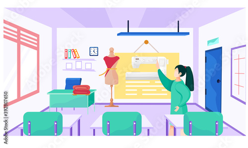 Teacher at school for seamstresses explains new topic. The lesson of the structure of the sewing machine and the principle of its operation. Class in creating clothes. Custom tailoring. Sewing school