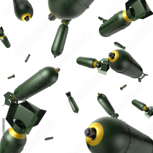 Many green bombs free falling in mid air on white background. Selective focus - shallow depth of field. 3D illustration.