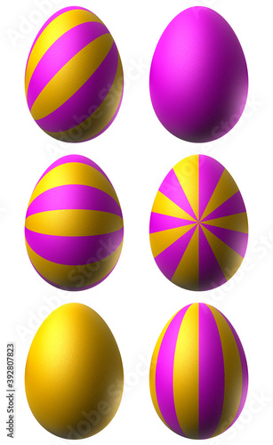 Set of pink and yellow easter eggs with different patterns. 3D illustration.