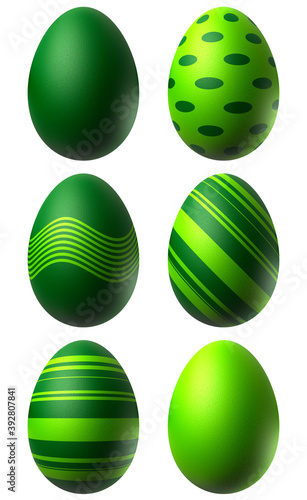 Set of green easter eggs with different patterns. 3D illustration.