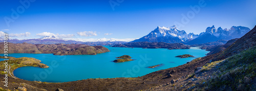 Landscape with lake and mountains in Torres del Paine National Park, Chile