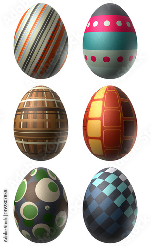 Set of multi colored easter eggs with different patterns. 3D illustration.