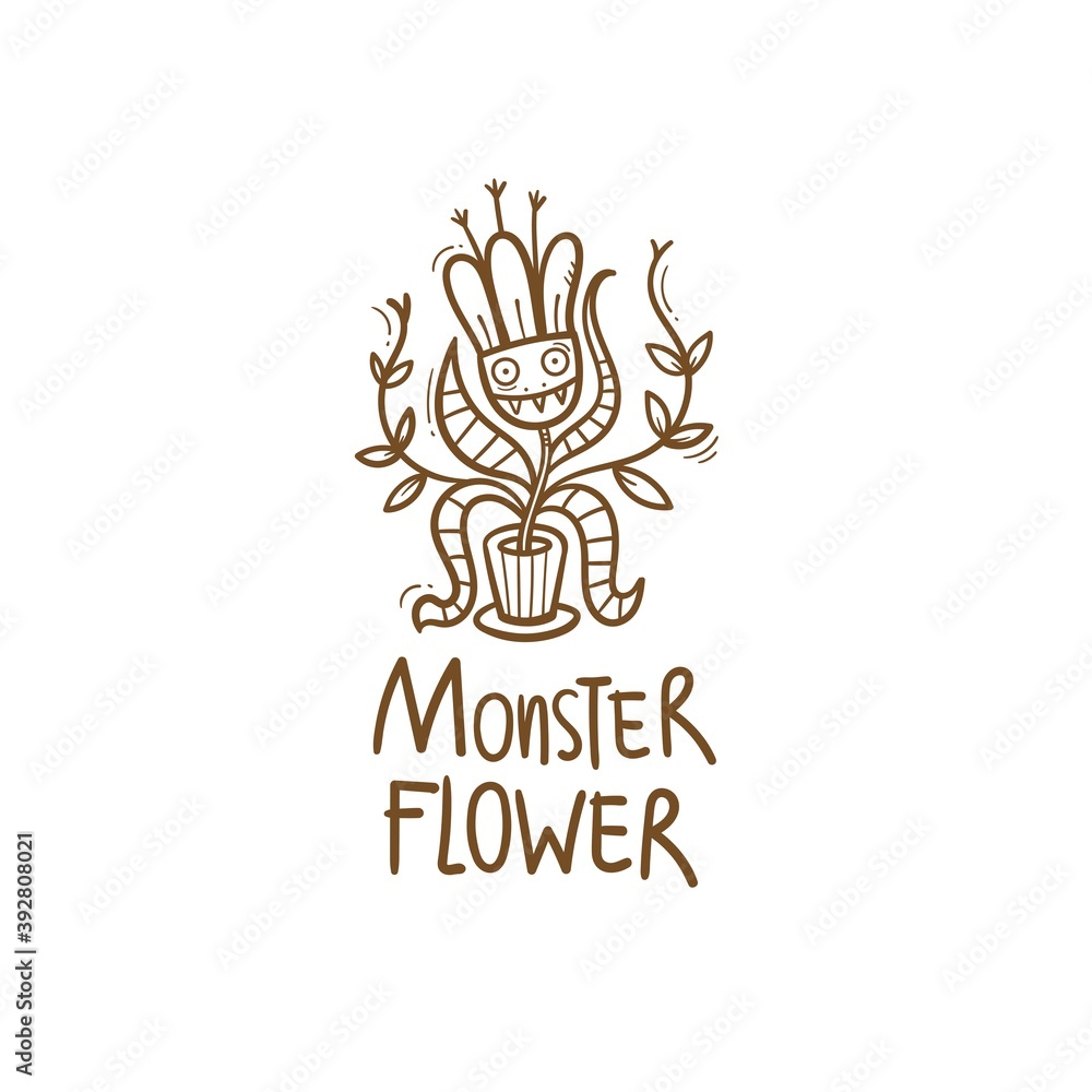 Card with Venus flytrap. Comic drawing of predatory flower. Vector doodle image. Monster plant print. Card with Venus flytrap. Comic drawing of predatory flower. Vector doodle image. Monster plant print.