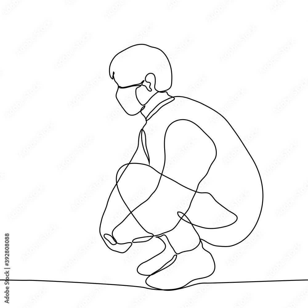 masked man sits on his haunches hugging his own legs. one line drawing of a man squatting grabbing his knees. Pose for psychological comfort and relaxation masked man sits on his haunches hugging his own legs. one line drawing of a man squatting grabbing his knees. Pose for psychological comfort and relaxation