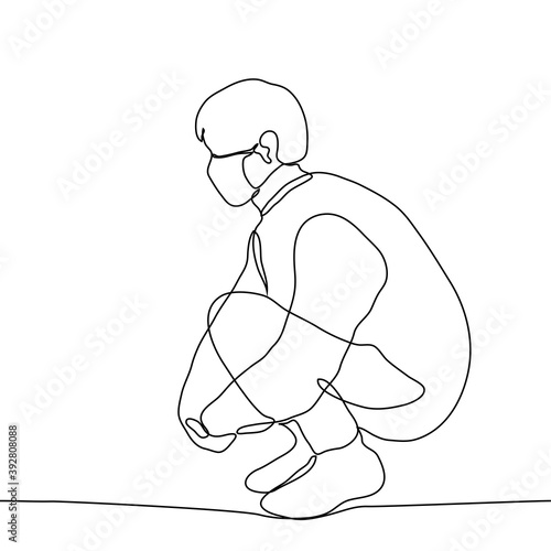 masked man sits on his haunches hugging his own legs. one line drawing of a man squatting grabbing his knees. Pose for psychological comfort and relaxation