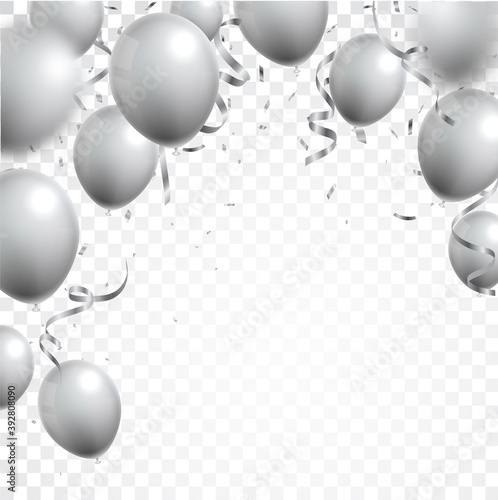 3D Fototapete Silber - Fototapete silver balloons and confetti on white background