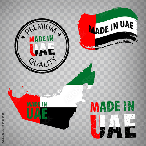 Made in UAE rubber stamps icon isolated on transparent background. Manufactured or Produced in  United Arab Emirates.  Map of  UAE. Set of grunge rubber stamps for your design. EPS10.