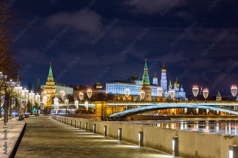Night view on Moscow River embankment with christmas illumination