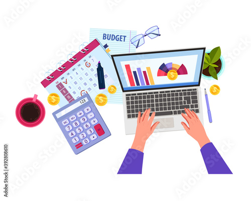 Finance audit or budget planning vector cartoon illustration with hands, laptop, calculator, calendar, coins. Business analysis and tax report concept isolated on white.Budget planning banner top view