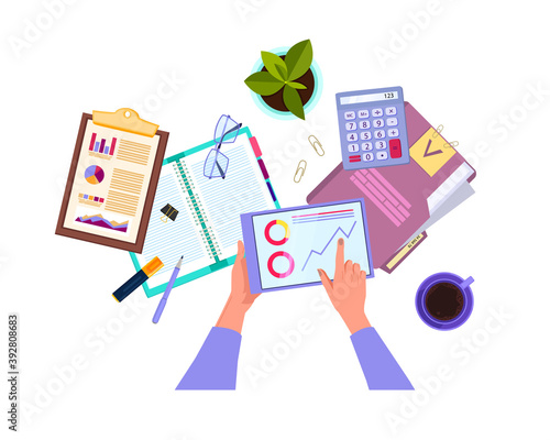 Financial audit and business analysis vector top view illustration with hands, tablet, stationery. Budget planning and tax report concept flat lay isolated on white. Financial audit economy clipart
